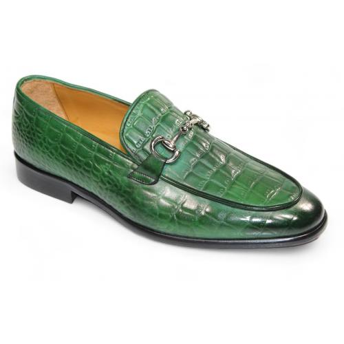 Duca Di Matiste "Vasto" Green Genuine Italian Calf Leather Crocodile Print Loafers.